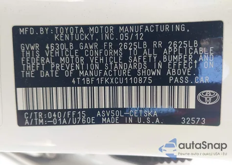 2012 Toyota Camry Se from USA, damaged, VIN 4T1BF1FKXCU110875